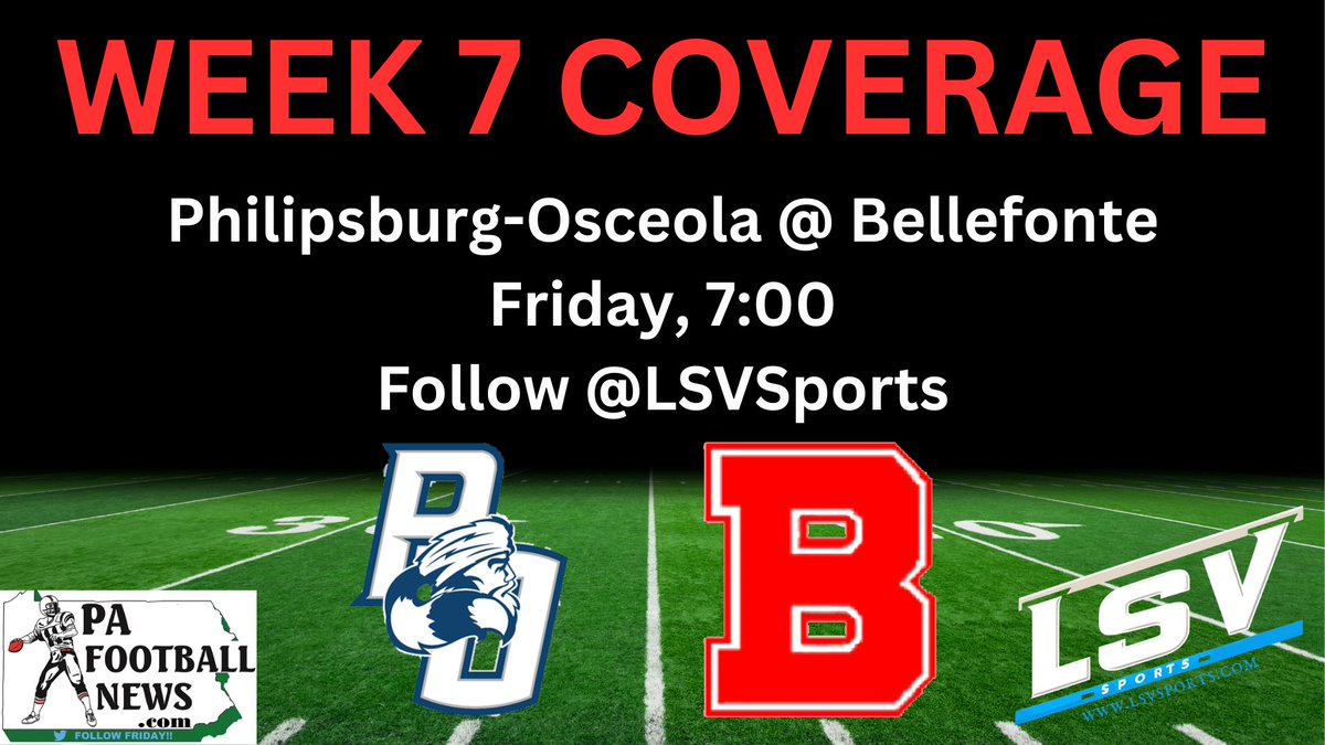 LSVSports's tweet photo. Week 7 is already here, and we're headed to District 6!
@NittanyPete will also be on the sidelines for this one!

@BellefonteASD @RaidersFB16823  plays host to Philipsburg-Osceola! 
@ashtenh6 @alten_howell 
@archer_baughman @AaronD_2223 
@PaFootballNews https://t.co/Gmpczh2oQc