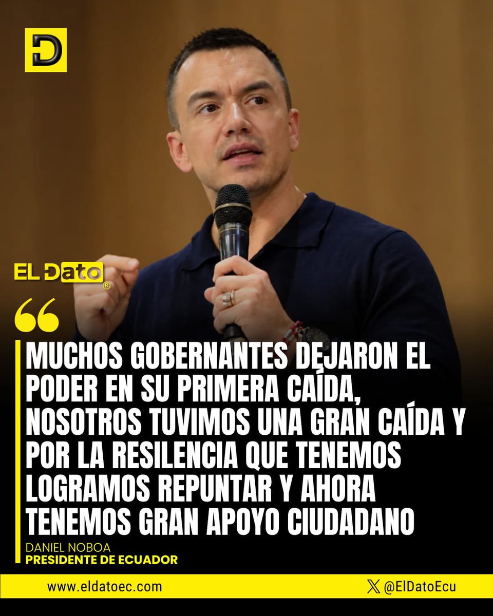 ElDatoNews's tweet photo. #Urgente "¡MUCHOS GOBERNANTES DEJARON EL PODER EN SU PRIMERA CAÍDA, NOSOTROS TUVIMOS UNA GRAN CAÍDA Y POR LA RESILENCIA QUE TENEMOS LOGRAMOS REPUNTAR Y AHORA TENEMOS GRAN APOYO CIUDADANO!"

El presidente Daniel Noboa afirmó que muchos gobernantes dejaron el poder tras su primera caída, pero que su administración logró recuperarse después de enfrentar una fuerte crisis gracias a su resiliencia. 

Además, destacó que actualmente cuenta con un amplio respaldo ciudadano.

@ElDatoEcua👈

#ElDato #Ecuador #Noboa #Gobierno