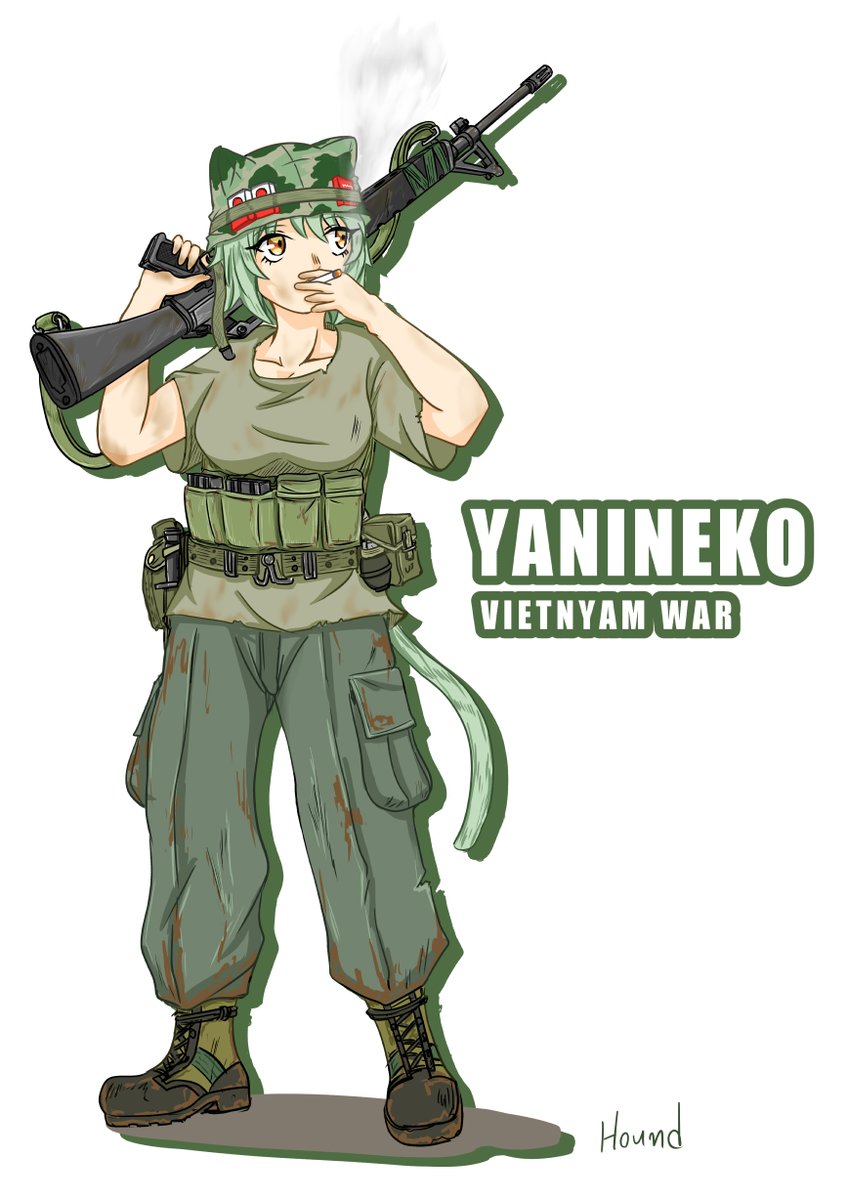 Hound_7's tweet photo. 以前描いたベトニャム戦争のヤニねこ妄想
線画と色を入れてみた。
上着よりTシャツの方がヤニねこっぽいのでバンダリア巻きスタイルを採用 https://t.co/l7vlt1bbaS