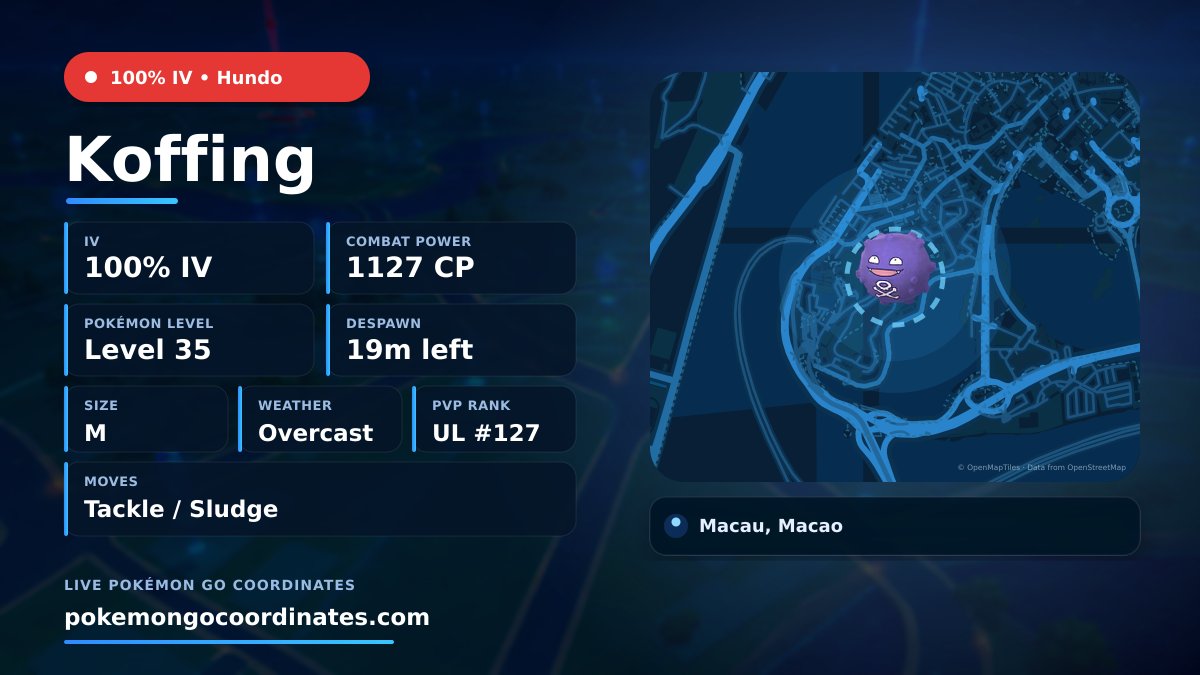 CoordsPokemonGo's tweet photo. #Koffing Wild Spawns
π―% IV β’ 1127 CP β’ Level 35
Despawns in 19m
π 22.185762,113.533742
#100IVLevel35 β’ #PokemonGO https://t.co/c9gtSeZqAN