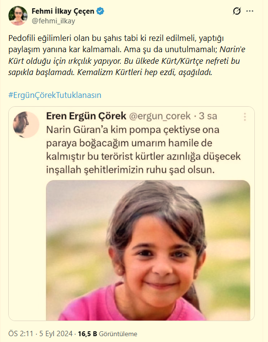 fehmi_ilkay's tweet photo. Şu paylaşımı yaptığım için savcılık, eleştirdiğim bu sapığı değil beni ifade çağırdı. Ülkede her şey çığırdan çıkmış. Pedofili sapık, Kürtleri aşağılayan, ölmüş kıza cinsel taciz hayali kuran o ama "Halkı kin ve düşmanlığa tahrikten" ifade veren ben oldum. Savcı bey, yanındaki hanım katip sebebiyle ve zaten mide bulandırdığı için şahsın yazdıkları sesli okuyamadı bile.