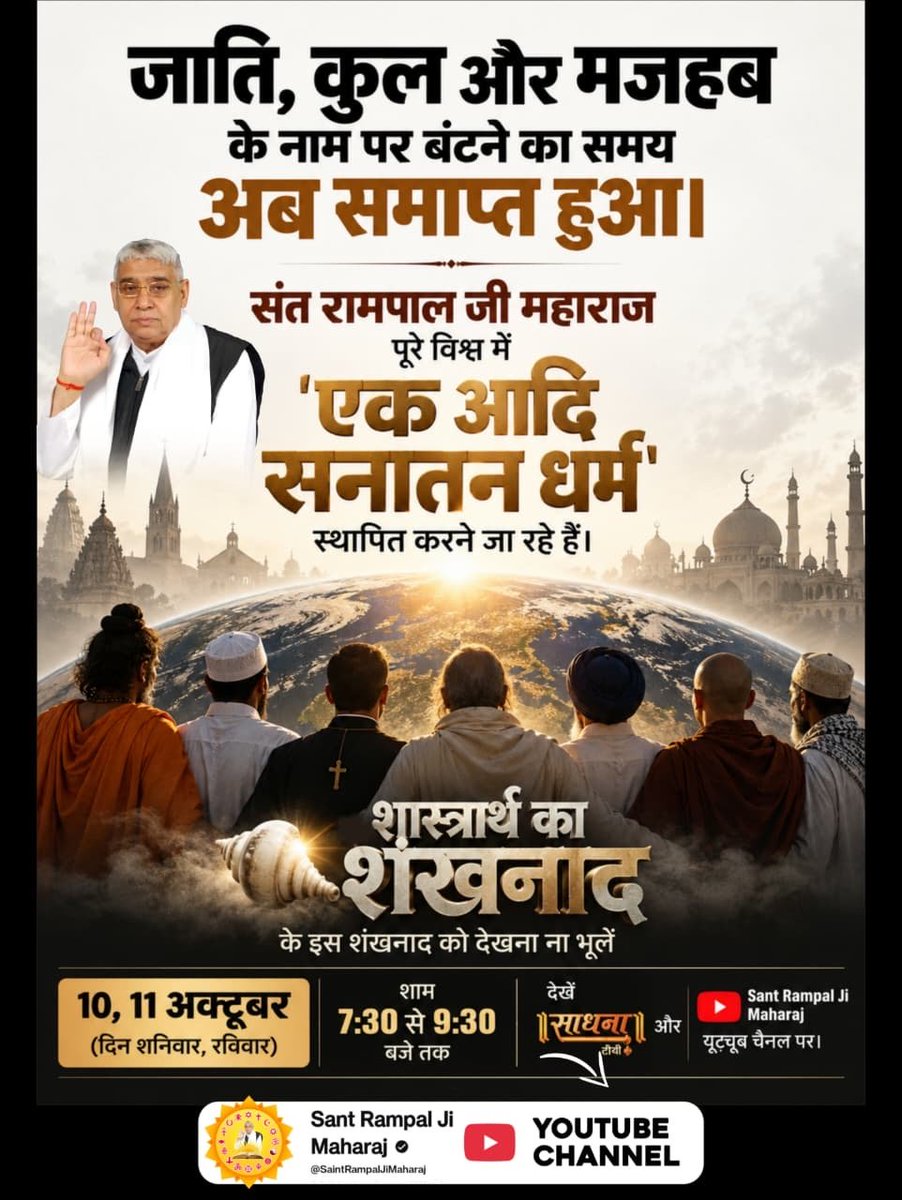 vinod_sahu1993's tweet photo. #शास्त्रार्थ_का_शंखनाद_10_Oct
जाति, कुल, मजहब के बंटवारे का अंत होगा। Sant Rampal Ji Maharaj जी विश्व में एक आदि सनातन धर्म स्थापित करेंगे। शास्त्रार्थ का शंखनाद 10-11 अक्टूबर, शनिवार-रविवार, शाम 7:30 से 9:30, साधना टीवी व यूट्यूब पर देखें।
50Lakh By Sant RampalJi https://t.co/tSD81SU2KN