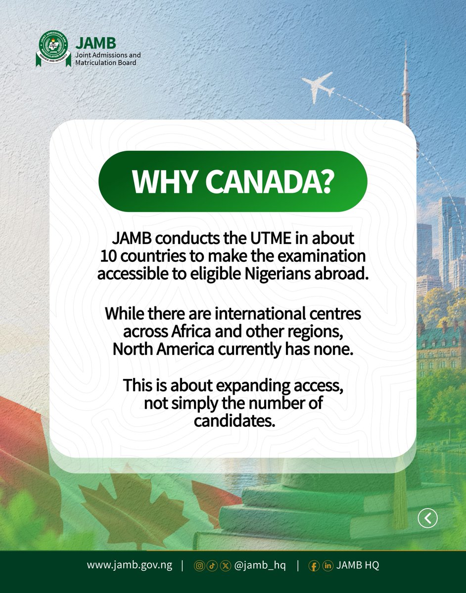 jamb_hq's tweet photo. We’ve heard the questions. Here are the facts. 

The proposed UTME centre in Ottawa has generated conversations, questions and different opinions. And that’s okay.

As a public institution, JAMB welcomes scrutiny and remains committed to being accountable to the people we serve. But accountability works best when it is grounded in facts, context and fairness.

The Ottawa proposal is about expanding access to eligible Nigerians abroad, not establishing another permanent JAMB office or spending public funds on a new facility. It is also part of a wider effort to strengthen the connection between Nigerians in the diaspora and Nigerian tertiary education.