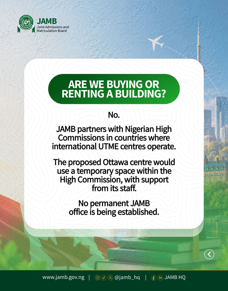 jamb_hq's tweet photo. We’ve heard the questions. Here are the facts. 

The proposed UTME centre in Ottawa has generated conversations, questions and different opinions. And that’s okay.

As a public institution, JAMB welcomes scrutiny and remains committed to being accountable to the people we serve. But accountability works best when it is grounded in facts, context and fairness.

The Ottawa proposal is about expanding access to eligible Nigerians abroad, not establishing another permanent JAMB office or spending public funds on a new facility. It is also part of a wider effort to strengthen the connection between Nigerians in the diaspora and Nigerian tertiary education.