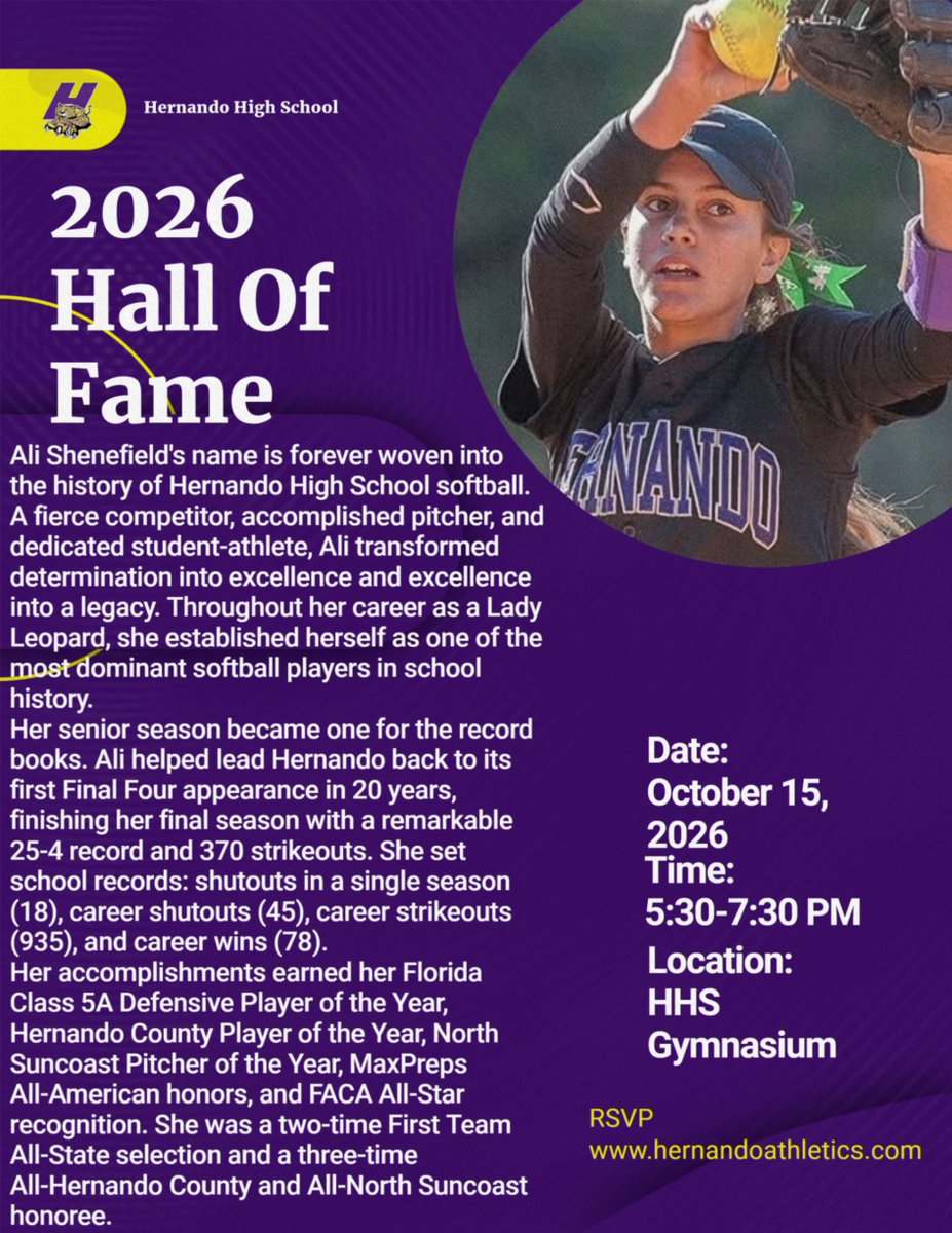 leopardsath's tweet photo. HHS 2026 Hall of Fame. Oct 15 5:30pm tix @ https://t.co/REqyQYq50O 
Ali Shenefield's name is forever woven into the history of Hernando High School softball. A fierce competitor, accomplished pitcher, and dedicated student-athlete https://t.co/oW2hEIn5Hz