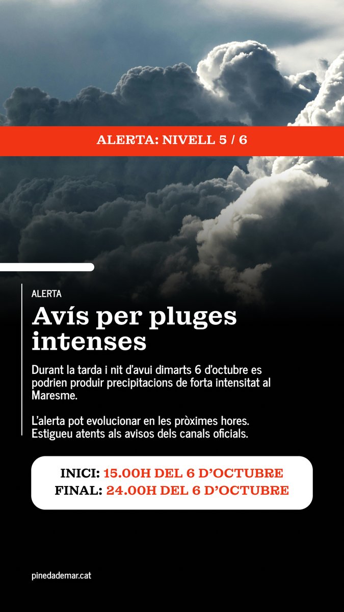 pinedademar's tweet photo. La previsió meterològica alerta de ruixats localment intensos a la comarca del Maresme.  

L'alerta estarà activa avui, dimarts 6 d'octubre, fins a les 24.00h de la nit. https://t.co/SoT4UqZBaA