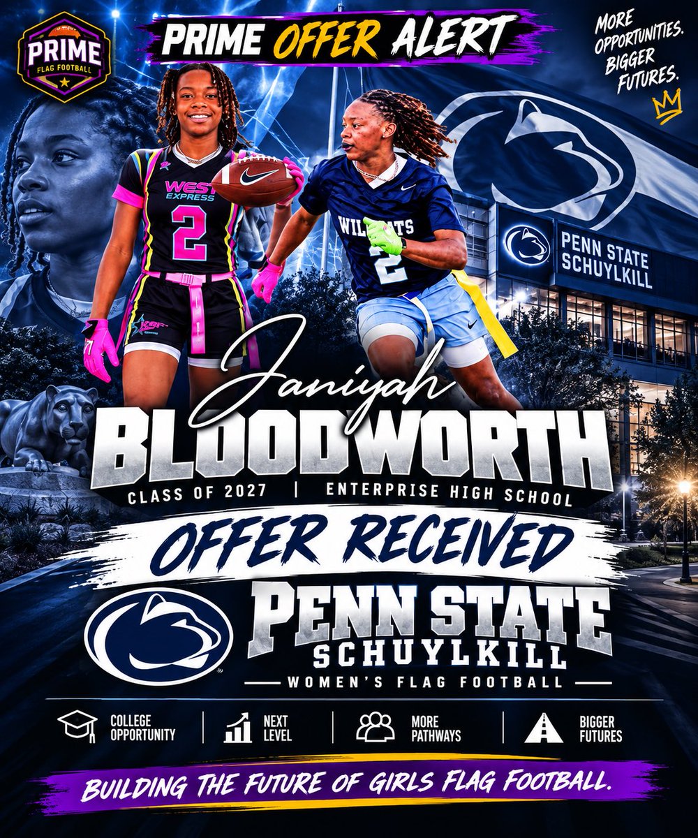 _PrimeFlag's tweet photo. 🚨 PRIME OFFER ALERT 🏈

Congratulations to Janiyah Bloodworth (2027 | Enterprise HS) on receiving an offer from Penn State Schuylkill Women’s Flag Football!

Another next-level opportunity earned. 👏

The college pathway keeps growing. 👑

#PrimeFlagFootball #GirlsFlagFootball https://t.co/5HTNc1vetk