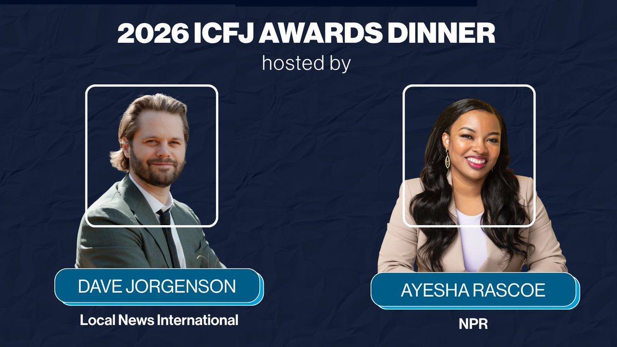 ICFJ's tweet photo. 🎤 @DaveJorgenson and @ayesharascoe  will co-host the 2026 #ICFJawards on Nov. 10 in Washington, D.C.

Meet Dave: https://t.co/LEZny7QVzY
Meet Ayesha: https://t.co/NL4abpSJh6 https://t.co/ZIgHRc1hYz