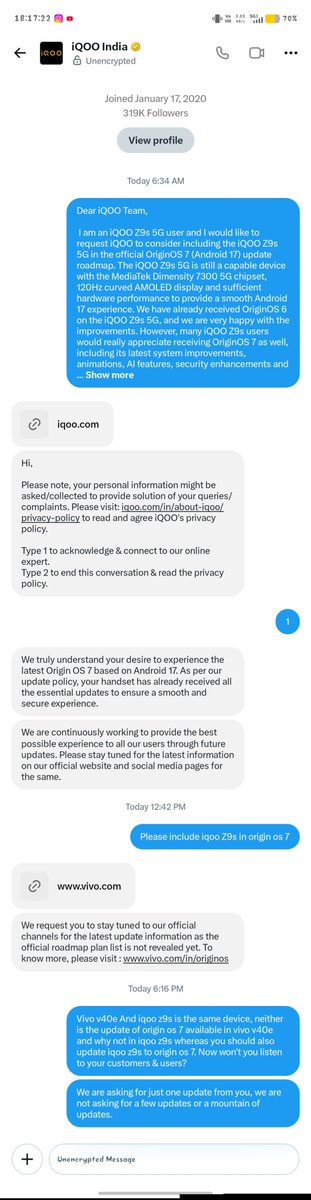 pram60173's tweet photo. Dekho dosto @IqooInd ke dwara kya reply mila humko iqoo Z9s ko origin os 7 update dene ki baat kiye to ab @IqooInd apne users ki baat nhi maan rhi hai 😥 https://t.co/pXGVaEVuey