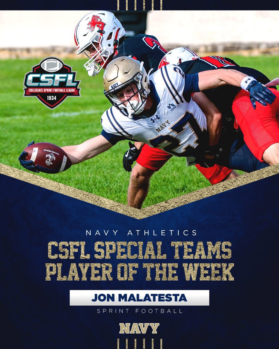 NavySprintFB's tweet photo. Congrats to Jon Malatesta on Special Teams Player of the Week honors🤝

#GoNavy https://t.co/uxRiUodQCM