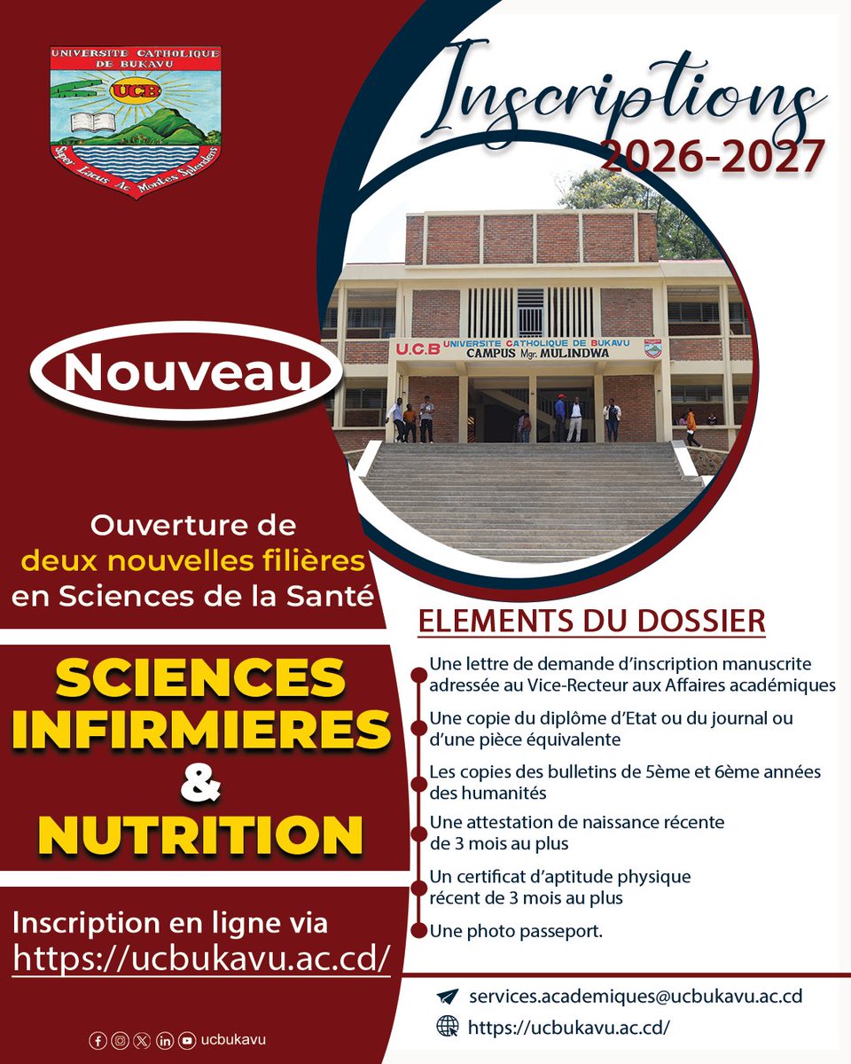 ucbukavu's tweet photo. Les inscriptions sont ouvertes et se font en ligne via https://t.co/3X4BQhmB55 et en présentiel au Campus de Bugabo.
L’UCB vous offre le cadre idéal pour concrétiser vos ambitions.

A la quête de l’Excellence, au service de la Communauté ! https://t.co/l4cqLZj2HH