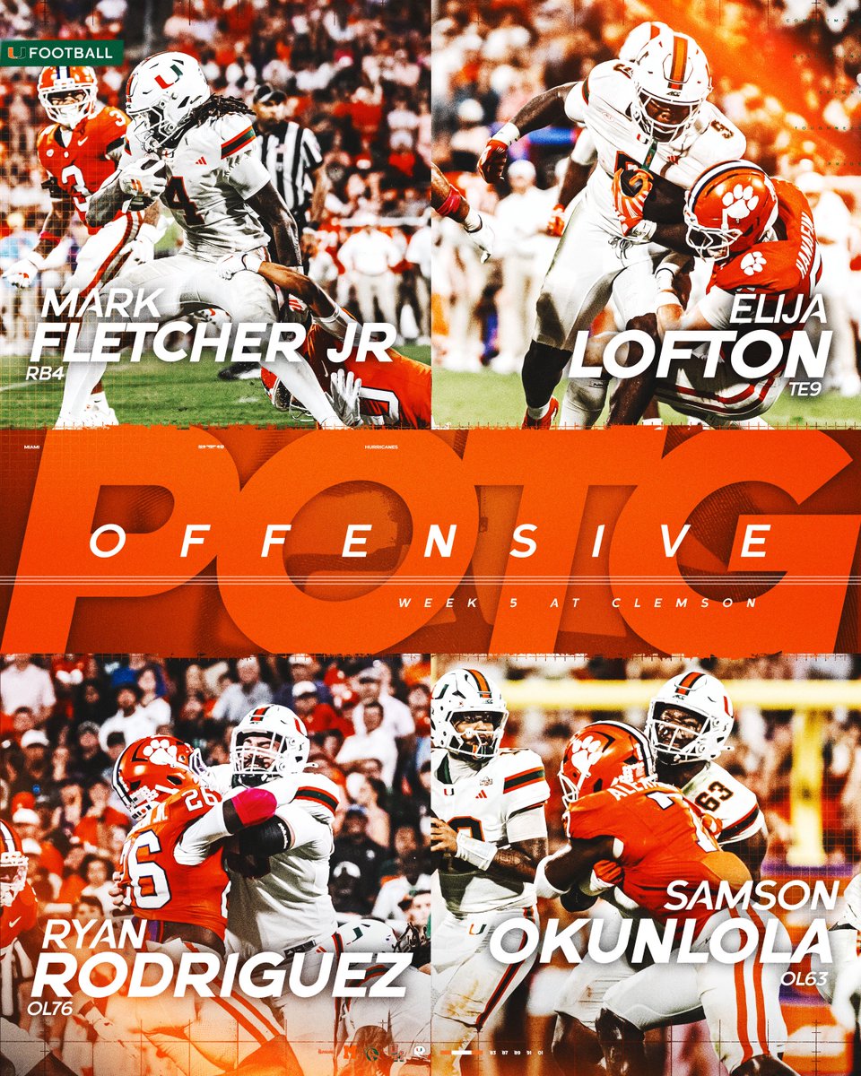 CanesFootball's tweet photo. Mark, Elija, Ryan and Samson are your Offensive Players of the Game for Week 5! 🙌 https://t.co/Pup5BMWuuE