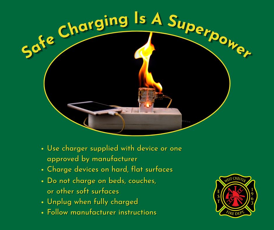 westchestertwp's tweet photo. It's Fire Prevention Week, and our Fire Department wants you to stay safe by always charging your devices properly. Use the right kind of charger and on the right surface. Don't keep devices plugged in once they are fully charged.
#WestChesterOh https://t.co/KSGfjgyfed