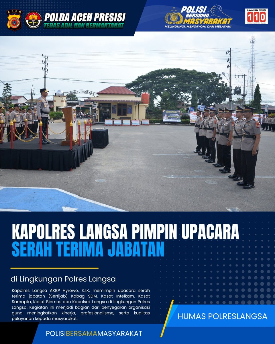 Humaslangsa_'s tweet photo. Kapolres Langsa AKBP Hyrowo, S.I.K. memimpin upacara serah terima jabatan (Sertijab) Kabag SDM, Kasat Intelkam, Kasat Samapta, Kasat Binmas dan Kapolsek Langsa di lingkungan Polres Langsa. 

#bidhumaspoldaaceh #polripresisi #kapolreslangsa #polisibersanamasyarakat https://t.co/cxsuF5Qs8m