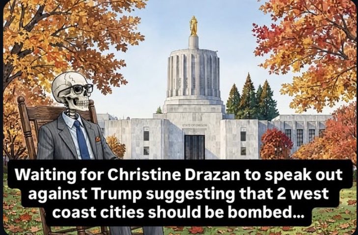 IamTravisNelson's tweet photo. Christine Drazan never pushes back against Trump in a forceful way. Yesterday, Trump suggested that Iran could destroy 2 west coast cities and she has yet to issue a strong statement.

How can Oregonians expect her to defend Oregon if she’s governor???

#christinedrazan #trump https://t.co/apoZLNN8o1