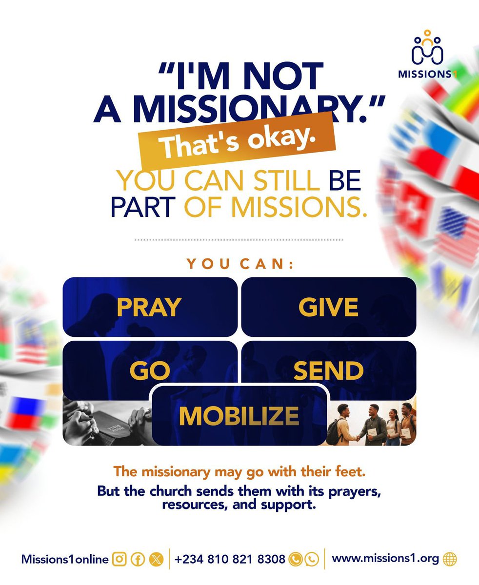 Missions1online's tweet photo. Not everyone will move to another country.

Not everyone will preach behind a pulpit.
Not everyone will live on the mission field.

But every believer has a part to play.
The Great Commission isn't only for missionaries.
It belongs to the Church.
What's your part?

#Missions1 https://t.co/Tc90H2jMo4