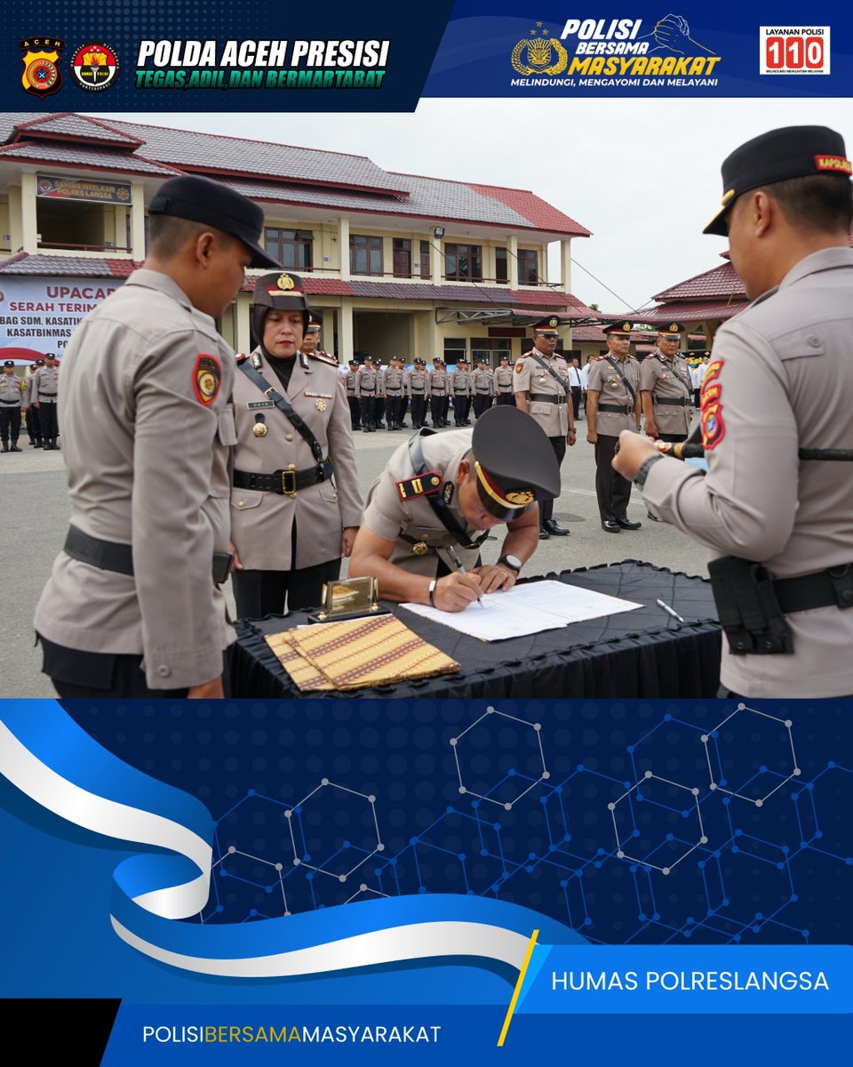Humaslangsa_'s tweet photo. Kapolres Langsa AKBP Hyrowo, S.I.K. memimpin upacara serah terima jabatan (Sertijab) Kabag SDM, Kasat Intelkam, Kasat Samapta, Kasat Binmas dan Kapolsek Langsa di lingkungan Polres Langsa. 

#bidhumaspoldaaceh #polripresisi #kapolreslangsa #polisibersanamasyarakat https://t.co/cxsuF5Qs8m