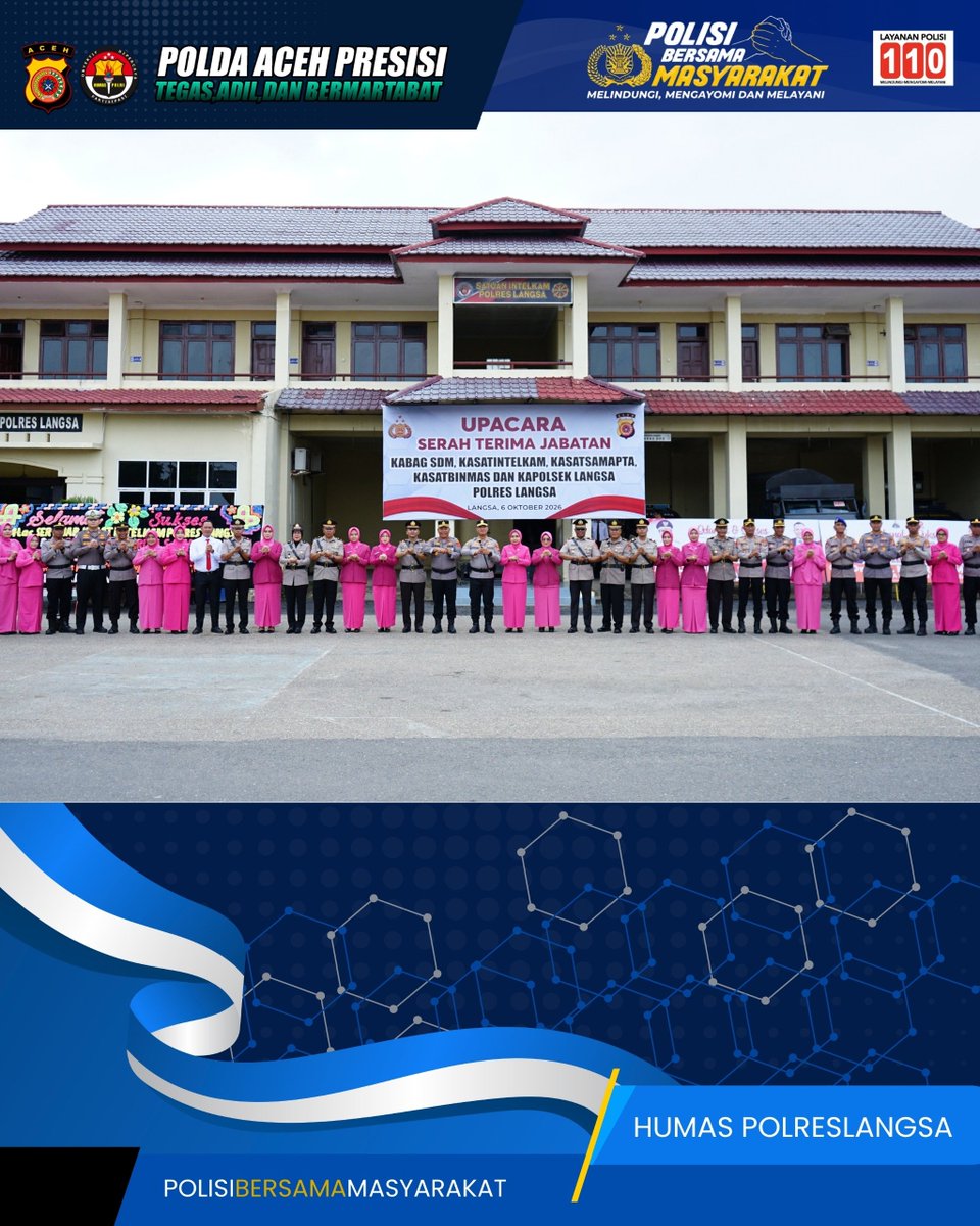 Humaslangsa_'s tweet photo. Kapolres Langsa AKBP Hyrowo, S.I.K. memimpin upacara serah terima jabatan (Sertijab) Kabag SDM, Kasat Intelkam, Kasat Samapta, Kasat Binmas dan Kapolsek Langsa di lingkungan Polres Langsa. 

#bidhumaspoldaaceh #polripresisi #kapolreslangsa #polisibersanamasyarakat https://t.co/cxsuF5Qs8m