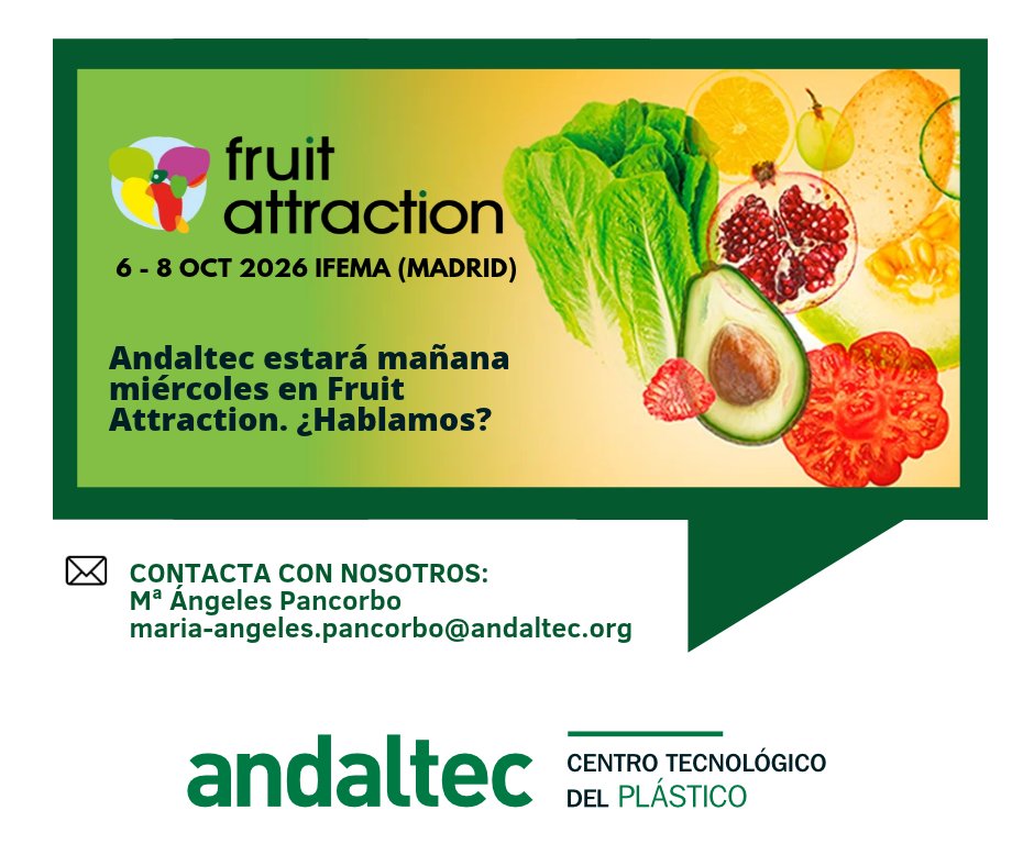 andaltec's tweet photo. 🌱 Mañana estaremos en @FruitAttraction @IFEMA

👉 Agenda una reunión con nosotros:
✉️ Contacta con nuestra compañera Mª Ángeles Pancorbo en:
maria-angeles.pancorbo@andaltec.org

¡Nos vemos mañana en Madrid!

#Andaltec #FruitAtracttion2026 #Servicios #Packaging #Envases https://t.co/9K8G8zmDMm