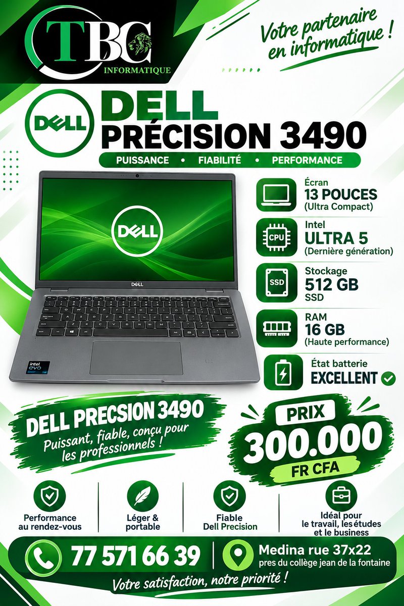 tbcservice2020's tweet photo. ☎️77 571 66 39
💵Prix: 300.000 fr cfa
💻Dell Précision ( 14’Pouces)
✨* Processeur: Intel Core Ultra 5 125H
* 14 cœurs
* jusqu’à 4,5 GHz
* 28 W
🚆Ram: 16 Go DDR5 5600 MT/s
📀Stockage : 512 ssd
🖥️ Écran : 14 pouces Full HD 1920 × 1080, 60 Hz
🔋Etat batterie excellen
#viralㅤ https://t.co/oCgJFXwWuA