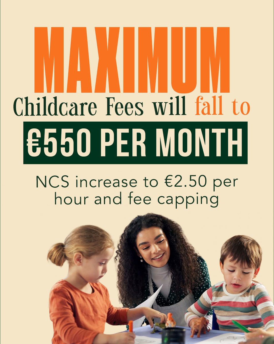 fiannafailparty's tweet photo. Maximum childcare fees of €550 per month, alongside an increased National Childcare Scheme subsidy of €2.50 per hour and fee capping.

💚 Enhanced Access and Inclusion Model supports to help ensure every child can fully participate in early learning. https://t.co/KAeucwJRd7