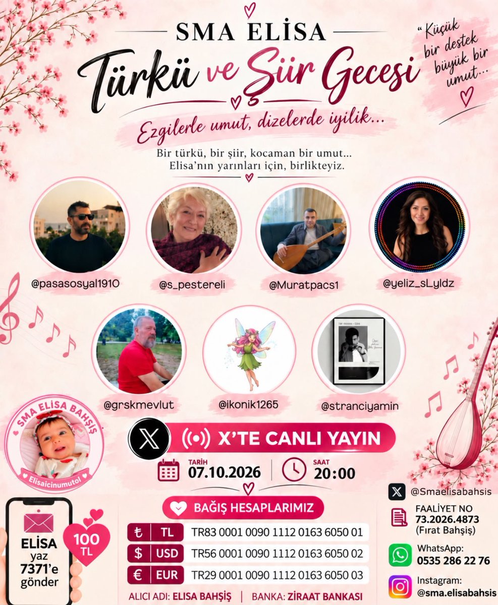 smaelisabahsis's tweet photo. 🎶 Bir türkü, bir şiir, kocaman bir umut…
7 Ekim akşamı saat 20.00’de X’te, Elisa için gönüller bir araya geliyor. 🕊️
Küçük bir destek, büyük bir umuda dönüşebilir.
Elisa’nın yarınlarına birlikte nefes olalım. 💜
🎙️ Türkü ve Şiir Gecesi
🗓️ 07.10.2026 | 20.00
📡 X’te canlı yayın
Bir paylaşım da bir umut.
#ElisayaUmutOl #SMA #SMAElisa