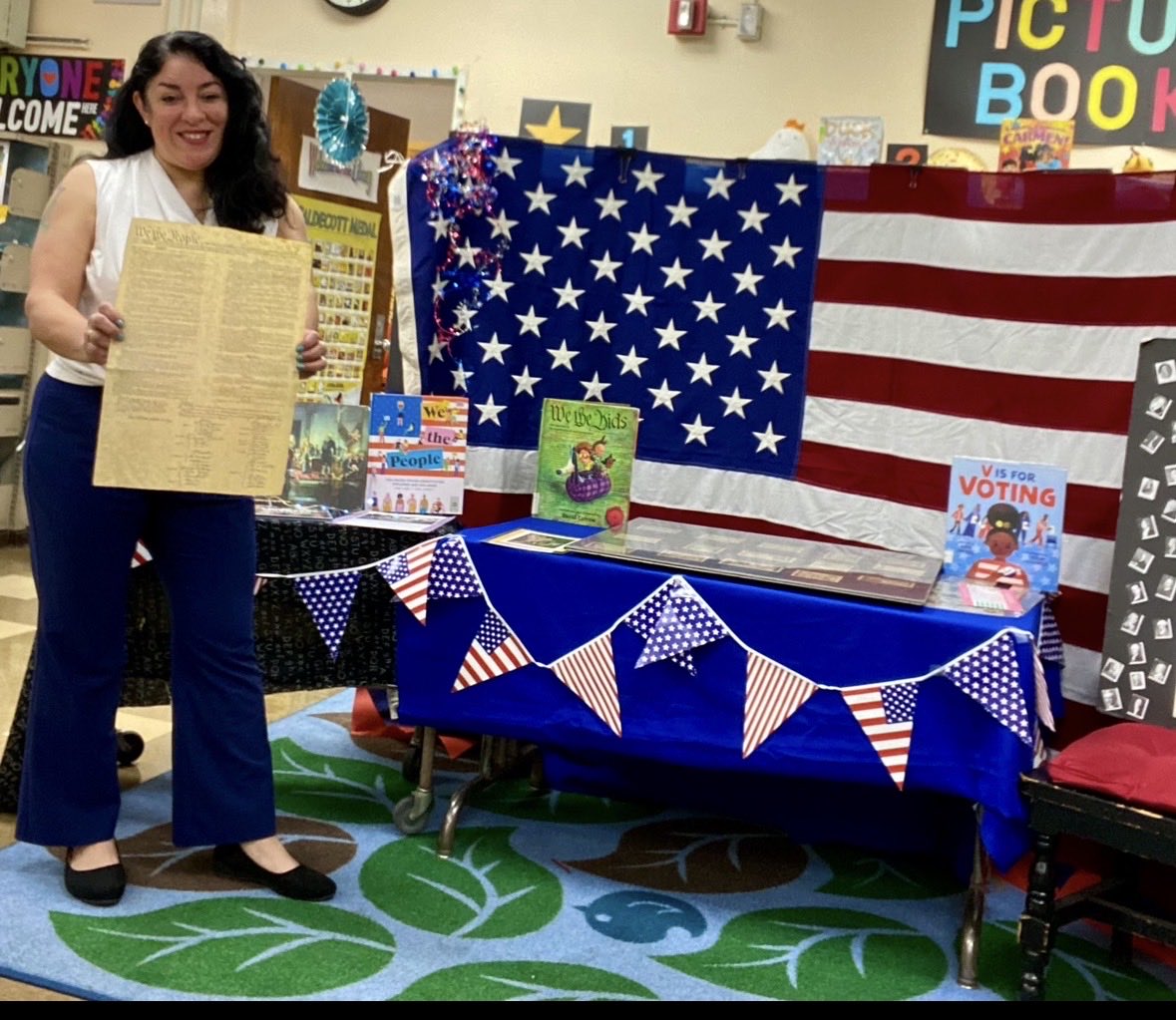 Librarygal05's tweet photo. I’ve worked for the City of LA for 22 years, school district for 26. I work so hard everyday to keep my patrons safe. To hear the president joke about destroying our American cities is so disheartening. This is a pic from Constitution Day which I’ve celebrated for 21 years. https://t.co/l4aKUzvnvl