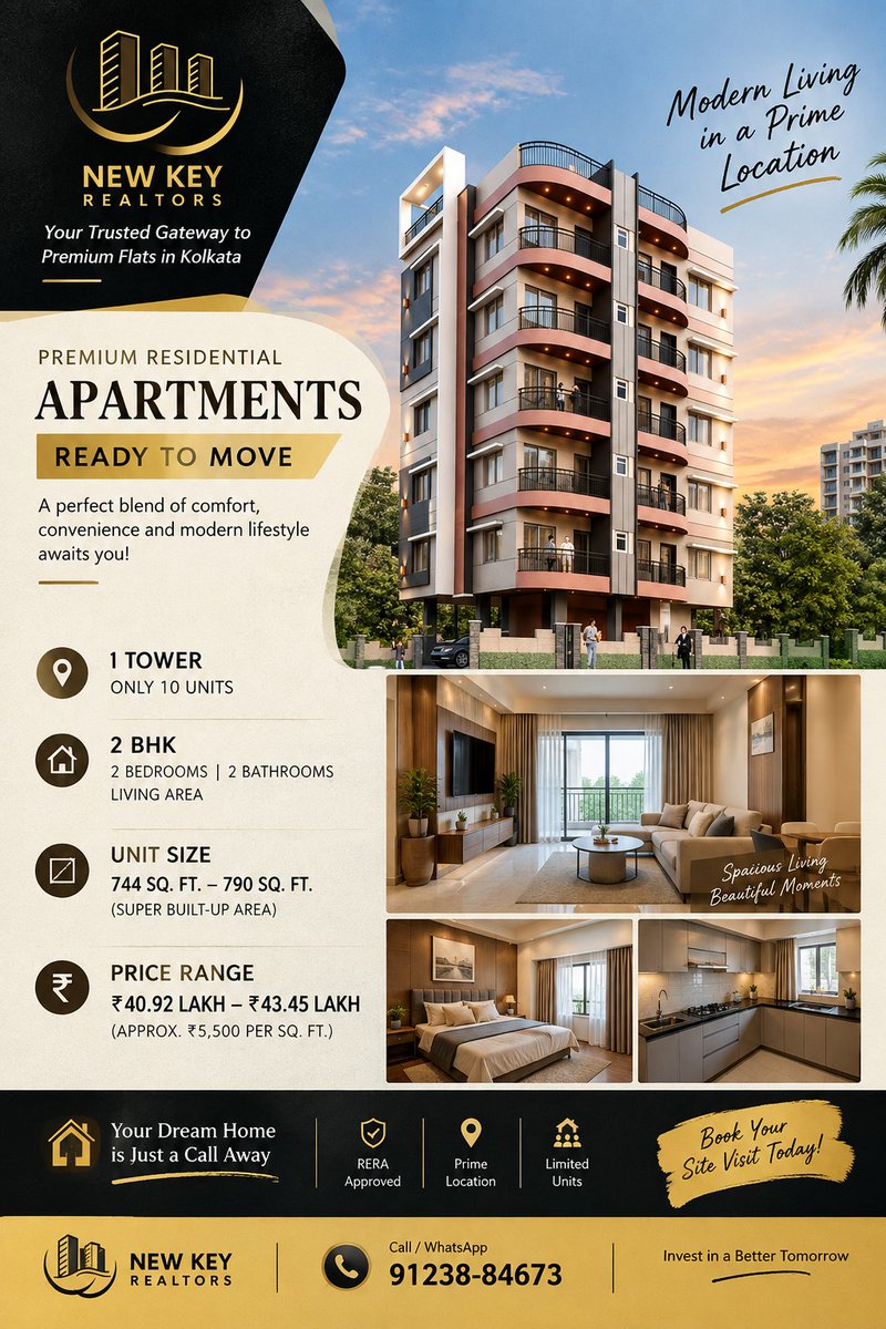 NewKeyRealtors's tweet photo. Project Highlights
 1 Tower | Only 10 Units
 2 BHK | 2 Bedrooms | 2 Bathrooms
 744–790 Sq. Ft.
 ₹40.92 Lakh – ₹43.45 Lakh
 Ready to Move
 Approx. ₹5,500/Sq. Ft.

📞 Call / WhatsApp: 91238-84673
🔑 NEW KEY REALTORS
Your Trusted Gateway to Premium Flats in Kolkata

#Sunshine # https://t.co/5FoyrrHLiL