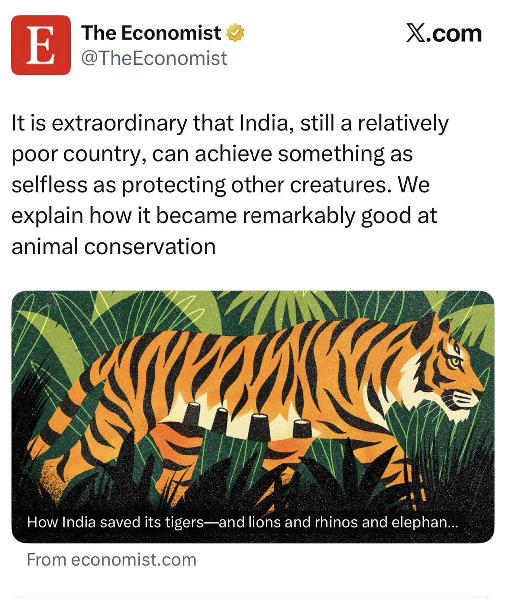 ParveenKaswan's tweet photo. While ‘The Economist’ revives colonial era patronising.

India revives its Tiger, Lions and Rhino population which were decimated during colonial times. https://t.co/fdLR2a6VeI