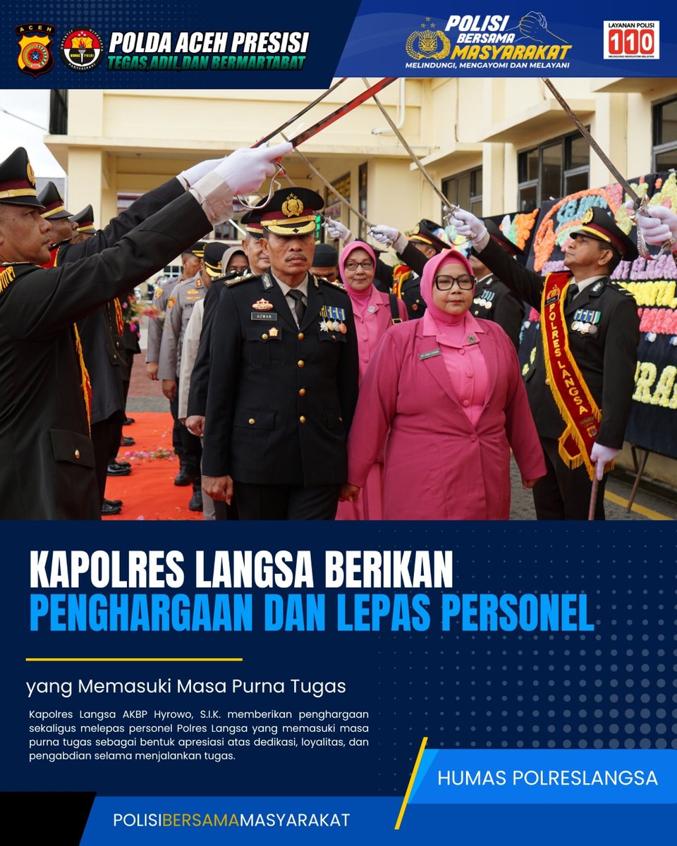 Humaslangsa_'s tweet photo. Kapolres Langsa AKBP Hyrowo, S.I.K. memberikan penghargaan sekaligus melepas personel Polres Langsa yang memasuki masa purna tugas sebagai bentuk apresiasi atas dedikasi, loyalitas, dan pengabdian selama menjalankan tugas.

 #polripresisi #kapolreslangsa #polisibersanamasyarakat https://t.co/2Z3dY2Mi62