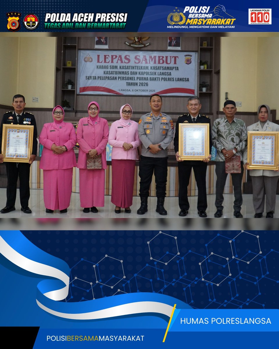 Humaslangsa_'s tweet photo. Kapolres Langsa AKBP Hyrowo, S.I.K. memberikan penghargaan sekaligus melepas personel Polres Langsa yang memasuki masa purna tugas sebagai bentuk apresiasi atas dedikasi, loyalitas, dan pengabdian selama menjalankan tugas.

 #polripresisi #kapolreslangsa #polisibersanamasyarakat https://t.co/2Z3dY2Mi62