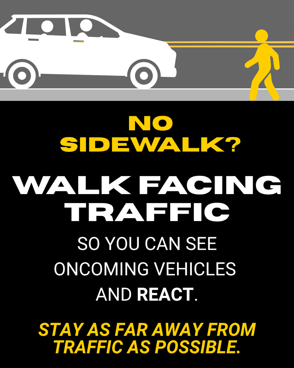 NHTSAgov's tweet photo. Use sidewalks whenever they're available and cross at crosswalks or intersections. 

No sidewalk? Follow these pedestrian safety tips.🚶⤵️

Drivers: always stay alert! https://t.co/cyll5Ro8gJ