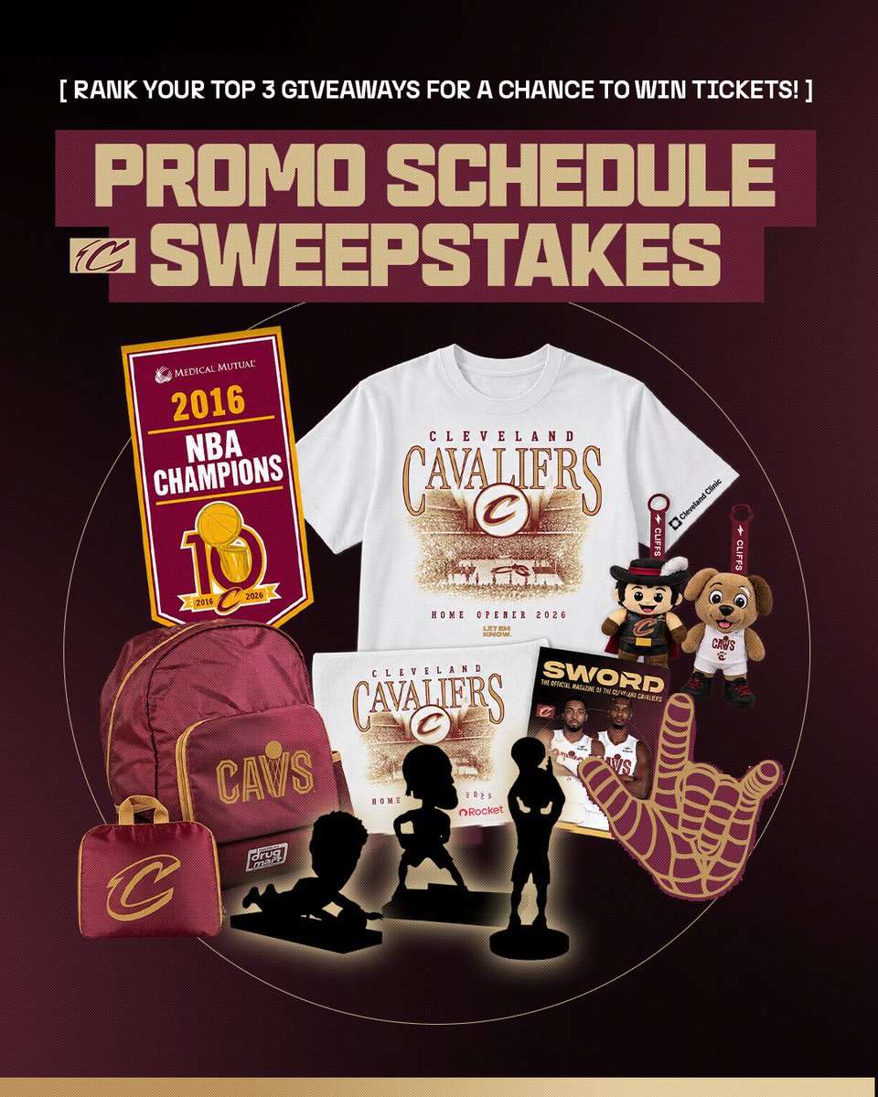 cavs's tweet photo. 🎁 Vote & enter for your chance to win BIG!
Rank your Top 3 giveaway items in our Promo Schedule Sweepstakes for a shot at FREE tickets. #LetEmKnow
ENTER NOW: https://t.co/W0O8Yue2P6 https://t.co/uZ5ZwvTaRw