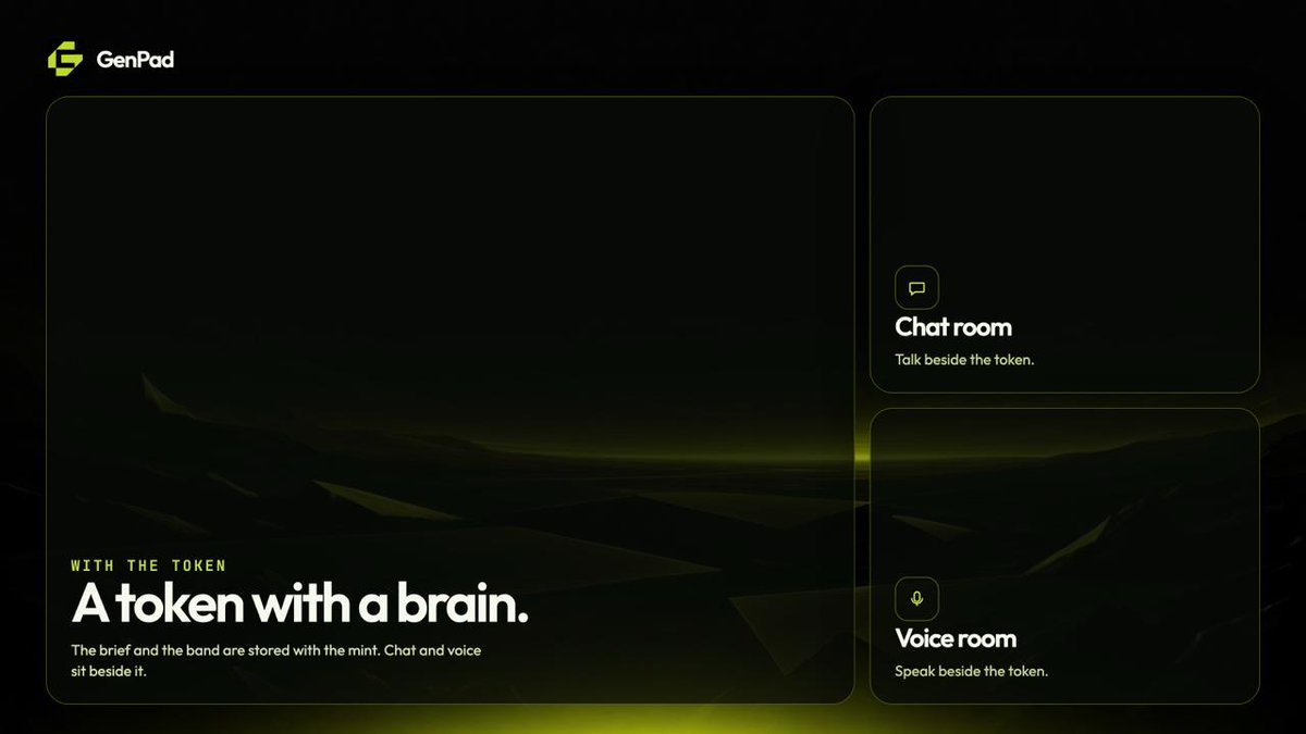 Genpad_io's tweet photo. A GenPad token is more than a curve listing. The brief and the band are stored with the mint, so the coin carries a record from the moment it is created.

Chat and voice sit beside that token. The chat room is where people talk next to the coin. The voice room is where they speak next to it.

The curve remains the public market. The rooms are the place around the token, not a second trading venue.