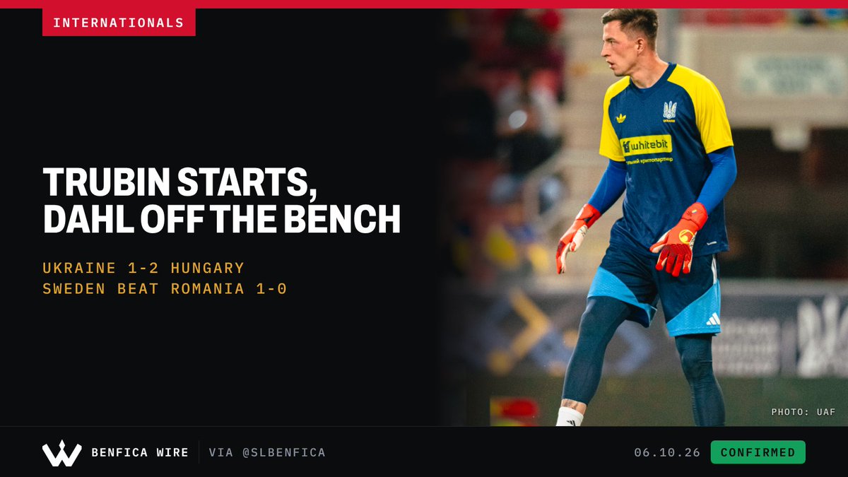 BenficaWire's tweet photo. ✅ Trubin started for Ukraine in the 2-1 defeat to Hungary, and Dahl came off the bench in Sweden's 1-0 win over Romania, via SL Benfica. https://t.co/tZTz1OuFqZ