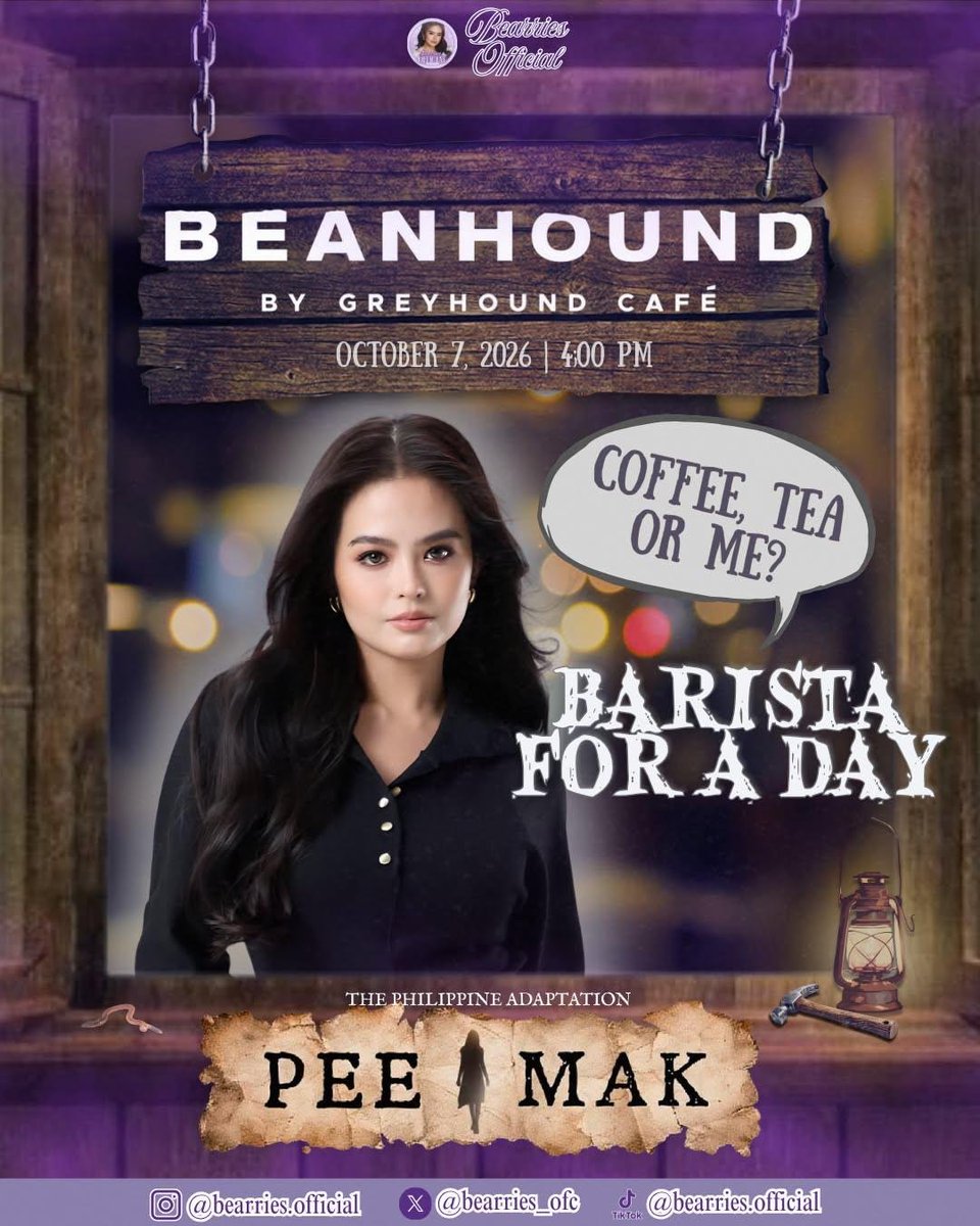 bearries_ofc's tweet photo. SHE’S HERE TO SERVE… AND HAUNT ☕ 
 
Who needs coffee when you can have Bea? Join us as she steps behind the counter as Barista for a Day at Greyhound Café! This October 7, 4PM at SM Aura Premier! 

This is your chance to meet her up close — and yes, you can choose her over coffee, we won’t judge 😝

See you there, bearries! 💜

#PeeMakPH | #BeaBinene | #PeeNang | #bearriesofficial | #WilBeaBaristasForADayAtBH