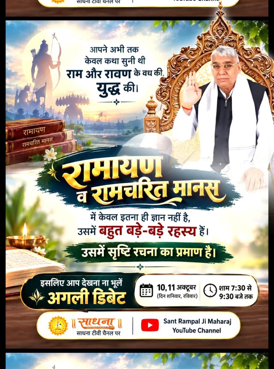 DehariyaSe9581's tweet photo. #शास्त्रार्थ_का_शंखनाद_10_Oct
आपने अभी तक केवल कथा सुनी थी राम और रावण के वध की, युद्ध की। रामायण व रामचारित मानस में केवल इतना ही ज्ञान नहीं है, उसमें बहुत बड़े-बड़े रहस्य हैं।
⤵️
50Lakh By Sant RampalJi https://t.co/EffX4x4xwN