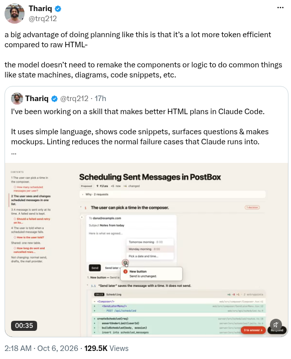 alexcarterbuild's tweet photo. The token-saving trick in this Claude Code planning demo: don't make AI rebuild every diagram from scratch.

Thariq (@trq212) says reusable components make its HTML plans more token-efficient. The demo also surfaces questions before implementation.

My take: a cheaper plan is useful. A plan that lets you catch the wrong assumption before it becomes code is the bigger win.

Source screenshot below; I haven't tested the skill.