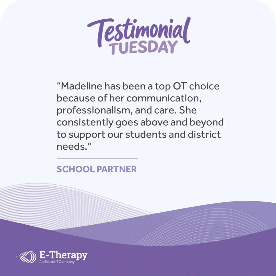 etherapyexperts's tweet photo. A school partner praised Madeline, OT, for her communication, professionalism and care for students. 💜 

We love hearing how our clinicians show up for their school teams. 

#SchoolBasedOT https://t.co/ttnhF3s6QS