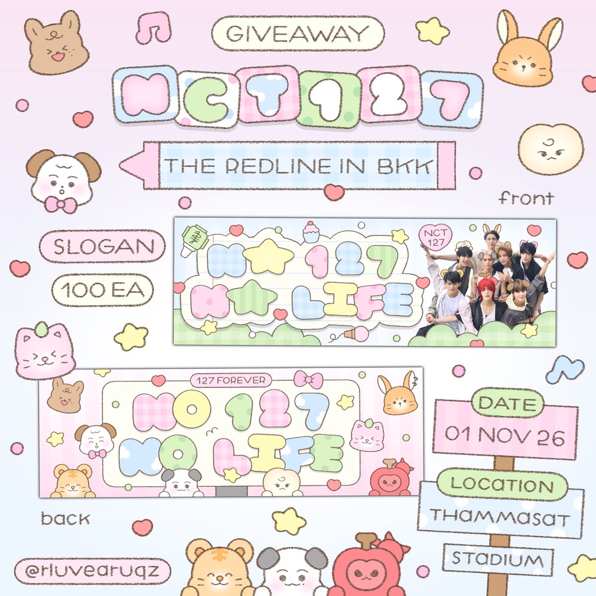 rluvearuqz's tweet photo. ˚₊  ⋆ pls kindly rt *️⃣ <33
 ꒰ for who love nct 127 ꒱  ྀི

♡ Slogan 1OO ea. 
No 127 No Life ✸

@ thammasat stadium 🏟️
🗓️ date : 1 nov   time : tba 𓈒

—  rt &amp; show this tweet 💌👀

#THE_REDLINE_BANGKOK 
#NCT127_5TH_NEOCITY_THE_REDLINE
#NCT127_5TH_NEOCITY_BANGKOK_THE_REDLINE https://t.co/gy1tUwAHQN