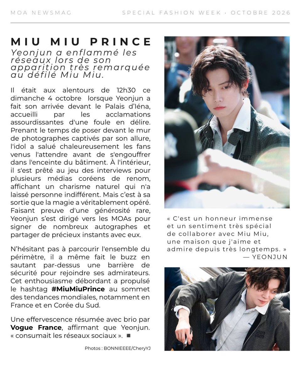 txtmoafrance304's tweet photo. MOAs ‼️
Nous sommes très fiers de vous présenter le premier numéro de MOA NEWSMAG ! 🖤📰

Cette première édition est dédiée à la venue de #YEONJUN à la Paris Fashion Week !
On espère que ça vous plaira ! 🫶🏼

1/2
#txt #tomorrow_x_together 
#투모로우바이투게더 #연준 

YEONJUN MIUMIU PRINCE
#YEONJUNxMiuMiu #YEONJUN
#MiuMiuSS27