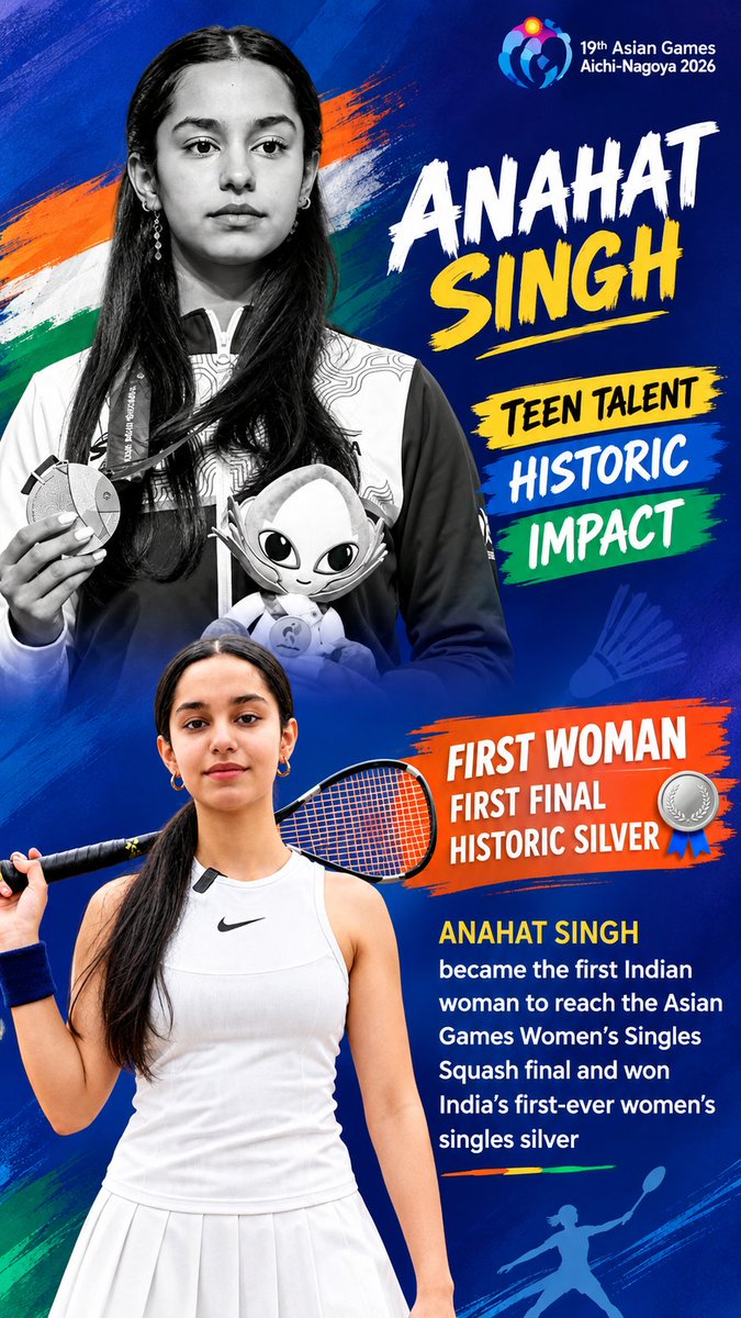 NARESH00004's tweet photo. ANAHAT SINGH MAKES HISTORY! ๐ฅ๐ฅ | INDIAโS TEEN SQUASH STAR ๐ฎ๐ณ
๐ท๏ธ
#AnahatSingh #AsianGames2026 #TeamIndia #Squash #IndianSports #HistoricSilver #IndiaPride #AichiNagoya2026 #WomenInSports #FutureChampion https://t.co/xJISYwVZ6n