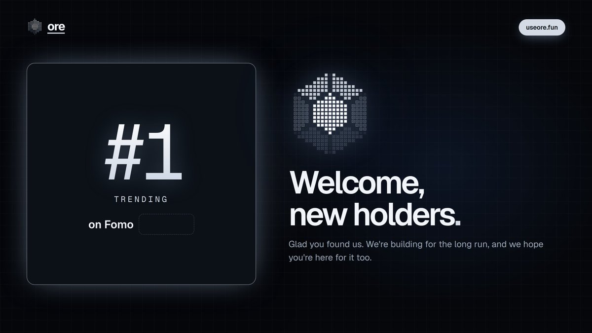 useorefun's tweet photo. ore just hit #1 trending on @fomo 

to everyone who just found us: welcome.

you're early to something we're building for the long run. a launchpad that pairs every memecoin with a live commodity market, and big plans for the ecosystem still ahead.

hope you're here for the whole ride.

https://t.co/nrfHtqWEbs