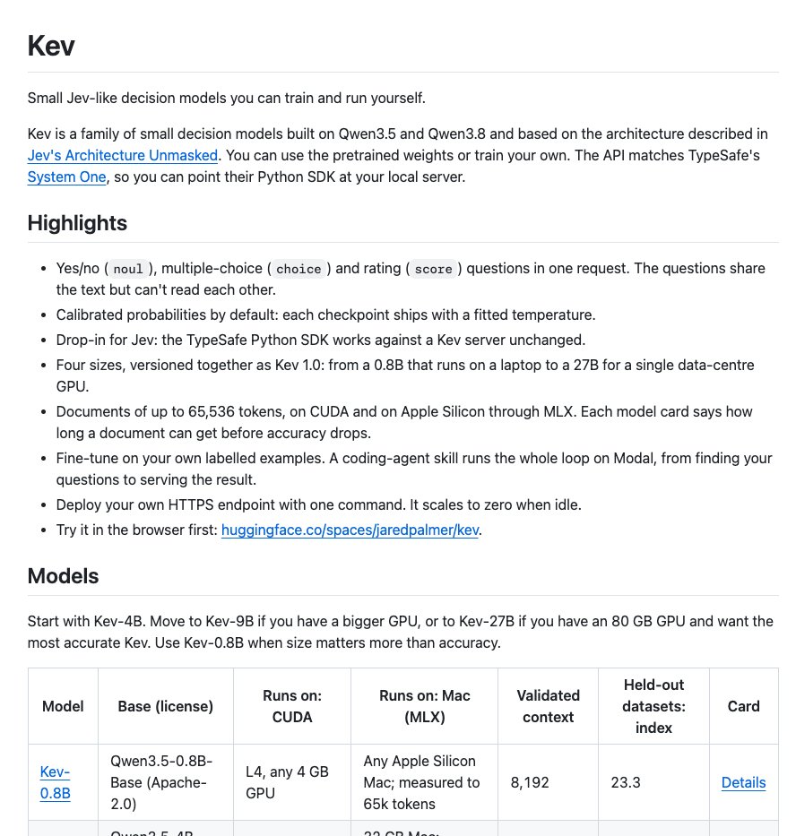 itsafiz's tweet photo. Meet Kev - open source version of Jev

Everyone is talking about Jev right now

But it is a proprietary model and you dont' know what goes behind the scences

Kev built on Qwen3.5 based on Jev's architecture. You can use pretrained weights or train your own

Open source and 100% local.