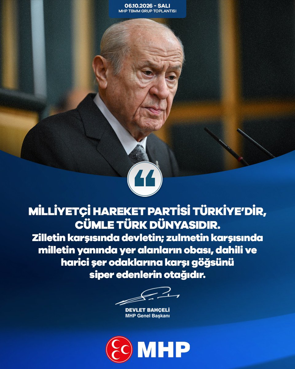 MHP_Bilgi's tweet photo. Milliyetçi Hareket Partisi Türkiye’dir, cümle Türk dünyasıdır.
Zilletin karşısında devletin; zulmetin karşısında milletin yanında yer alanların obası, dahili ve harici şer odaklarına karşı göğsünü siper edenlerin otağıdır.

MHP Genel Başkanı
Devlet BAHÇELİ
