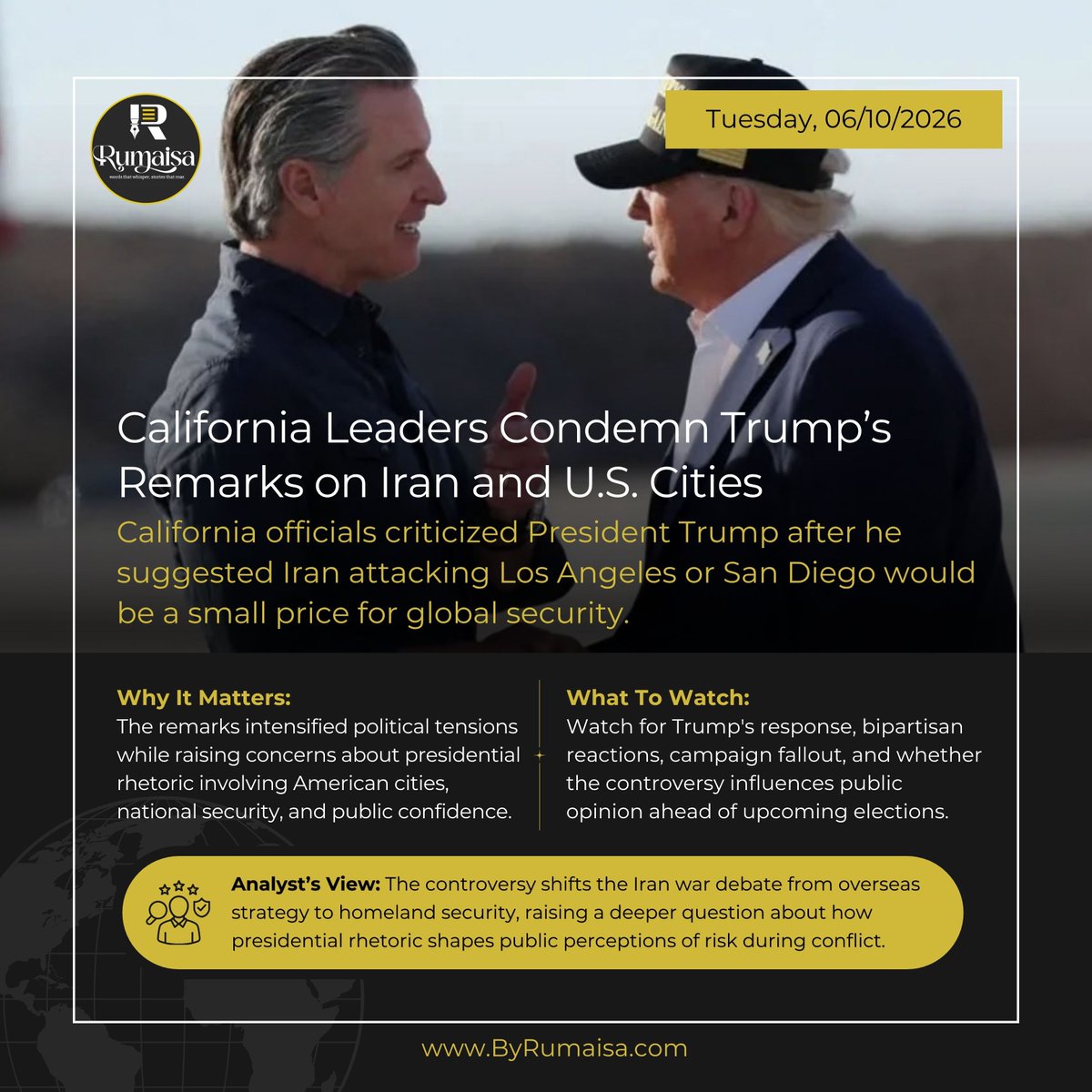 1Rumaisaa's tweet photo. California leaders strongly criticized President Trump's comments about Los Angeles and San Diego, calling them dangerous and inappropriate. The controversy has fueled renewed debate over political rhetoric, national security, and leadership during international conflicts. https://t.co/7MeIPChDyu