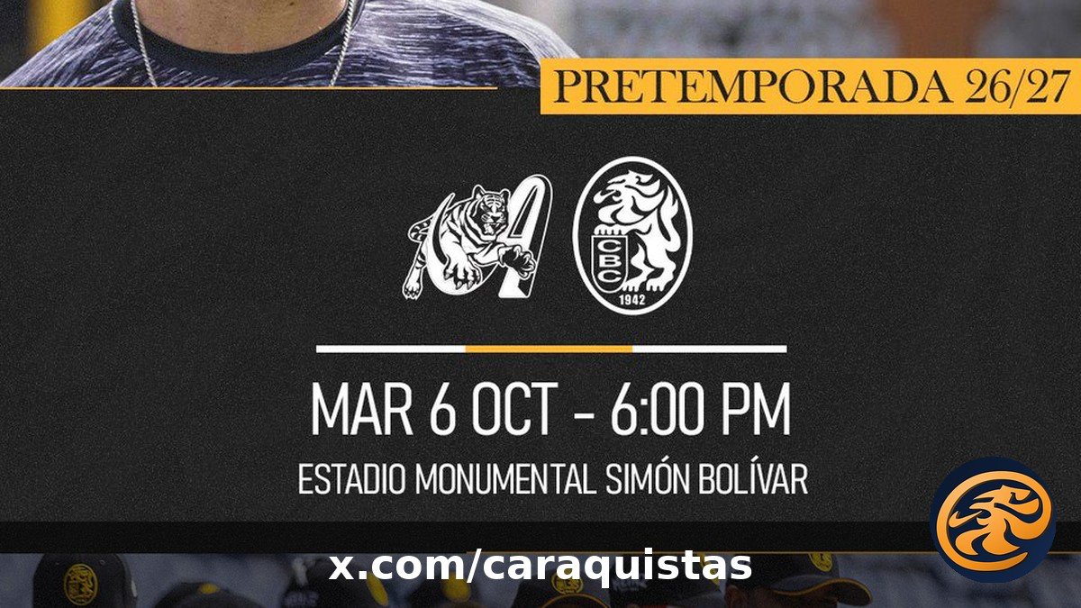 caraquistas's tweet photo. 🦁 ¡HOY HAY BÉISBOL! 
Leones vs Tigres 🐯  
Primer juego de exhibición de la pretemporada. 
🕕 6:00 pm · 
🏟️ Monumental Simón Bolívar
... A 7 días del debut en Maracaibo. 
¡VAMOS, CARAQUISTAS! 💪 

#LeonesDelCaracas #LVBP https://t.co/epqxO4QVhy