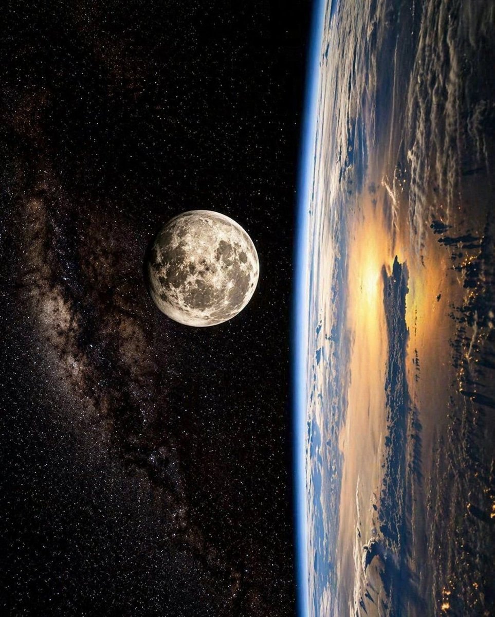 astrooalert's tweet photo. The Moon, Earth and the Milkyway in one Incredible photo. https://t.co/Od8JdvhX1s