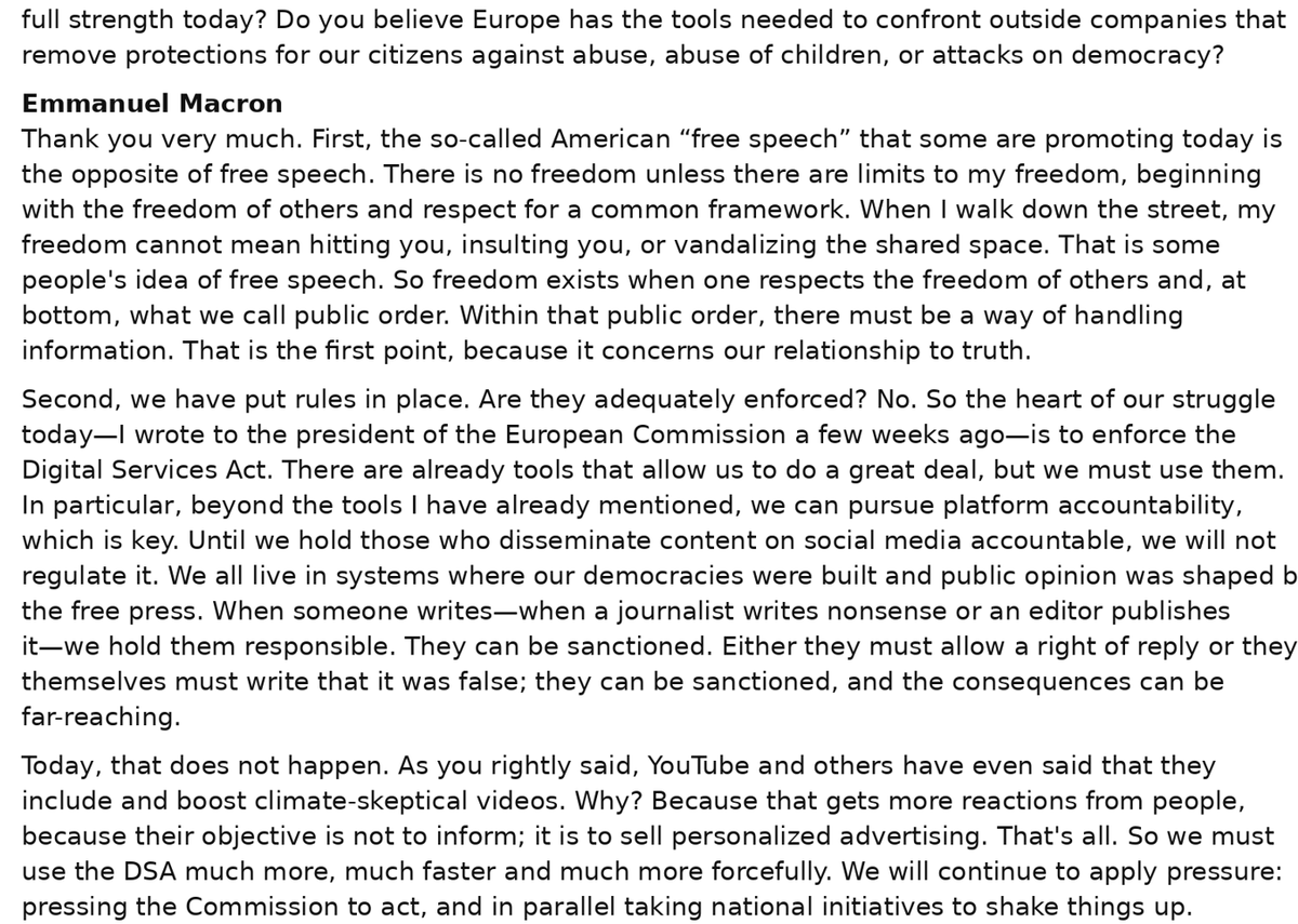 JMchangama's tweet photo. 1/ In an interview with Spanish students @EmmanuelMacron exposes the fatally flawed conception of free speech that dominates thinking among European elites. https://t.co/aW1yh0bodw