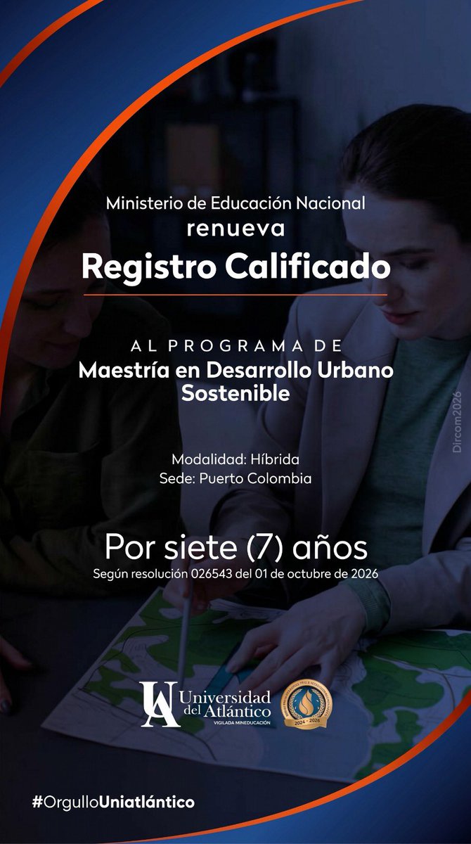 daragaes's tweet photo. Gran noticia para nuestra Facultad de Arquitectura de la @udeatlantico 

Celebramos la renovación del Registro Calificado por 7 años de la Maestría en Desarrollo Urbano Sostenible. 👏

Felicitaciones a todos los que hicieron posible este logro, especialmente a su coordinadora, la Arq. Liz Romero, por su liderazgo y compromiso.

Seguiremos trabajando incansablemente con la administración de nuestro rector @LeytonBarrios_ para posicionar esta Maestría en el Atlántico y la región Caribe. 

¡Un logro que nos llena de orgullo! 💙🧡👷